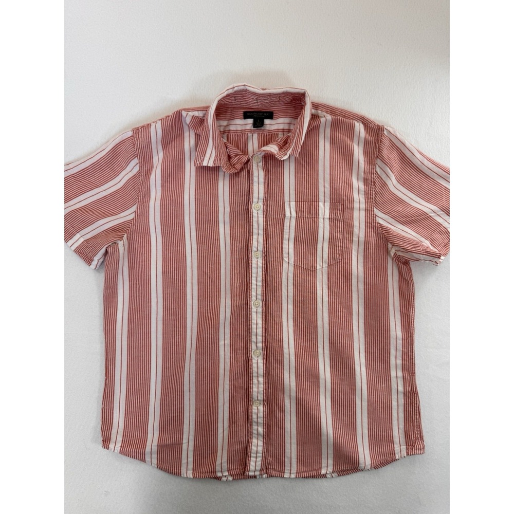 Banana Republic Mens Button Down Shirt L Red White Striped Linen Blend Preppy